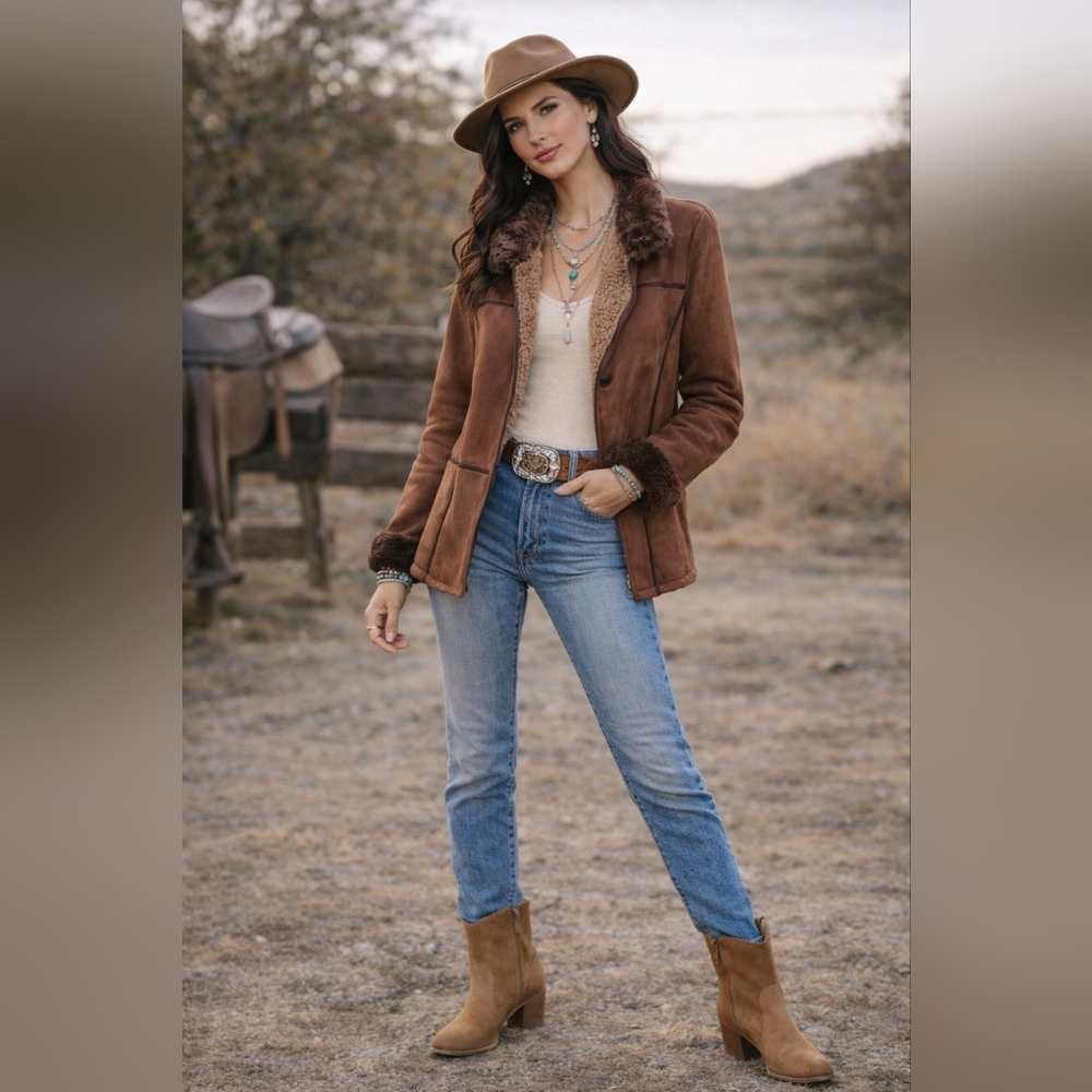 Faux Fur Leather Sheepskin Coat Jacket Two Tone Cato - Picture 2 of 10